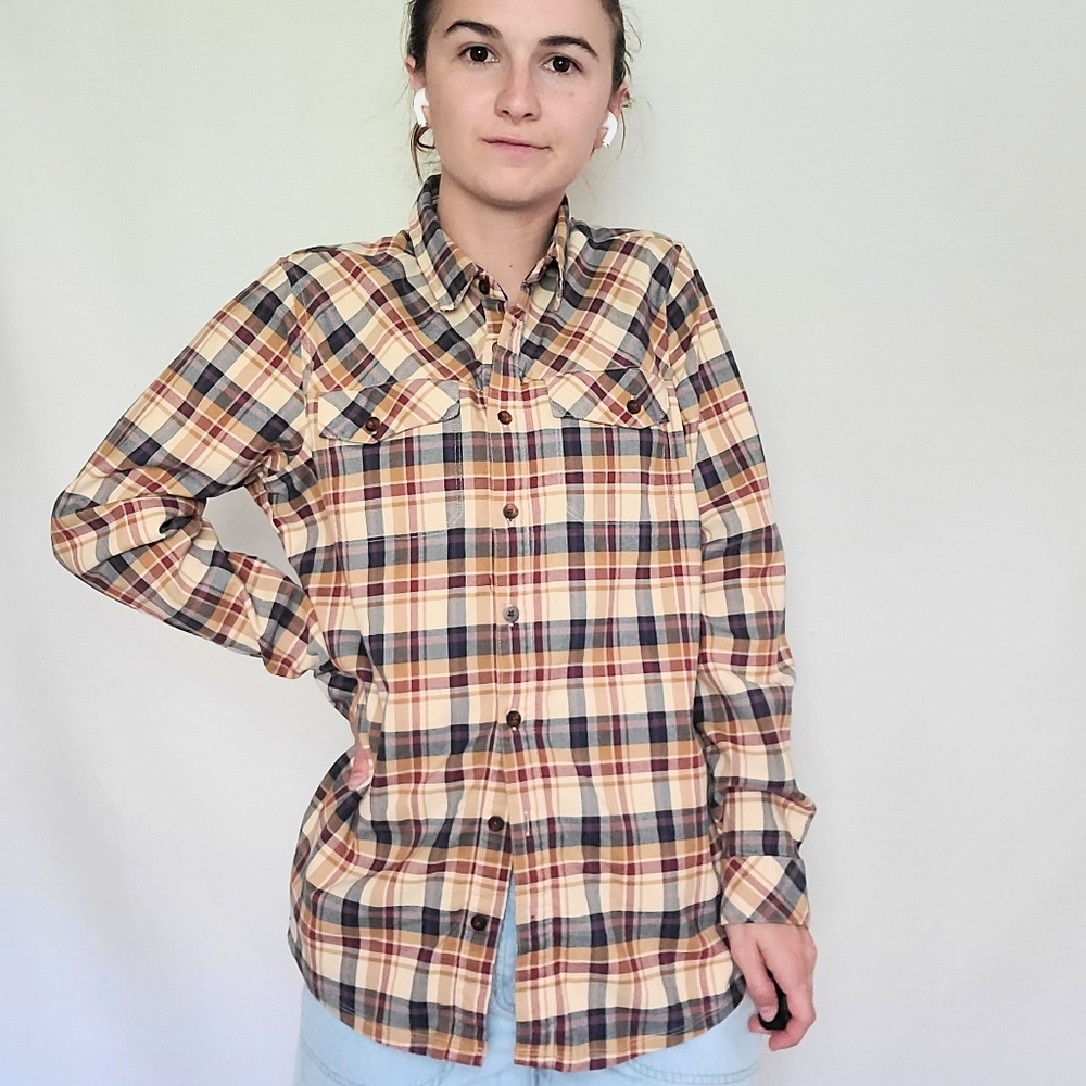 L.L. Bean Plaid Button-Down Shirt in Cream, Navy & Burgundy